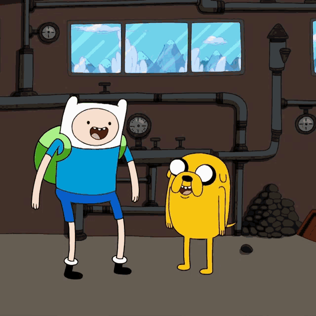 a cartoon of finn and jake standing in front of a building with pipes