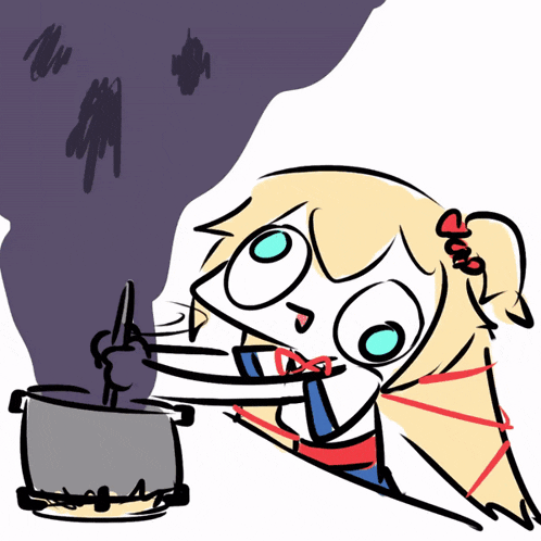 a cartoon drawing of a girl stirring a pot of food