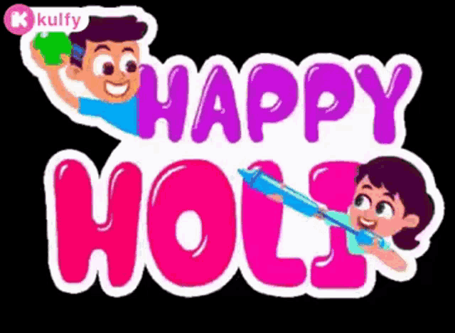 a happy holi sign with a boy and a girl holding water guns