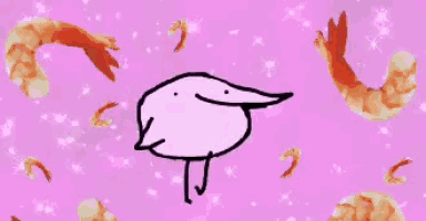 a drawing of a bird dancing in front of shrimp on a pink background .