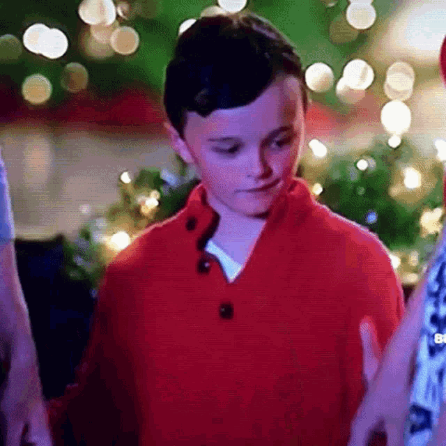 a young boy wearing a red sweater is standing next to a woman .