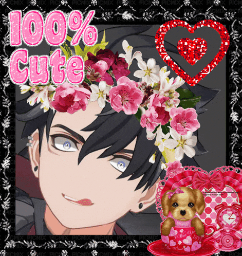 a picture of a boy with flowers on his head and the words 100 % cute above him