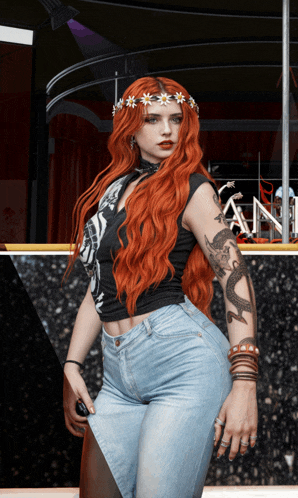 a woman with red hair has a tattoo on her arm that says dragon