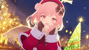 a girl with pink hair is wearing a santa outfit