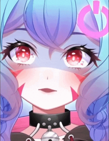 a close up of a girl with blue hair and red eyes
