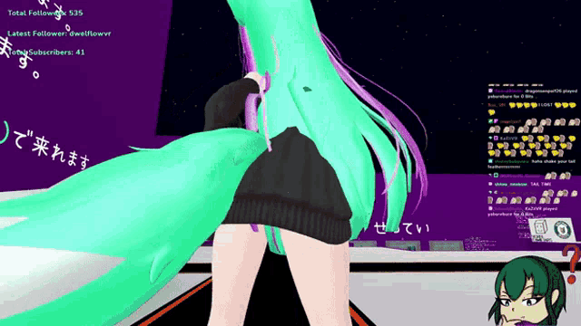 a cartoon of a girl with a green tail and a purple haired tail