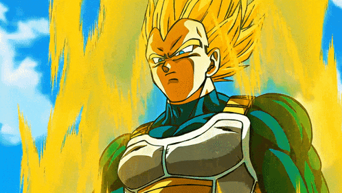 a cartoon drawing of a man with yellow hair and a blue sky in the background