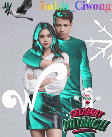 a man and a woman are standing next to each other with the words selamat datang written on the bottom