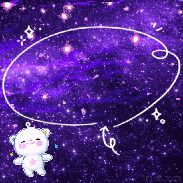 a pixel art of a teddy bear in space with a purple background