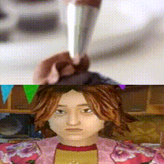 a close up of a person 's face and a cartoon character