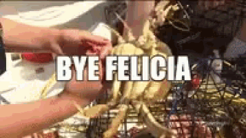 a person is holding a crab with the words `` bye felicia '' written above it .