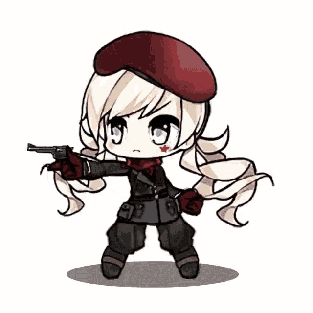a cartoon girl is holding a gun and wearing a red hat