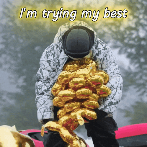 a person holding a bunch of gold balloons with the words i 'm trying my best