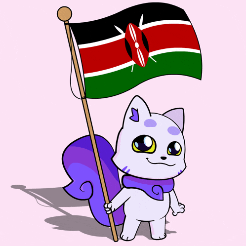 a cartoon cat holding a kenyan flag on a pole