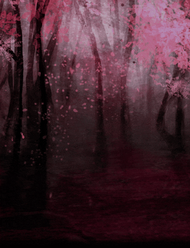 a painting of a dark forest with pink flowers on the trees