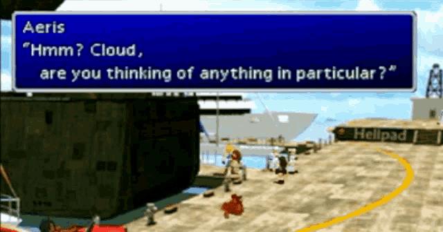 a video game scene where aeris is asking cloud if he is thinking of anything in particular