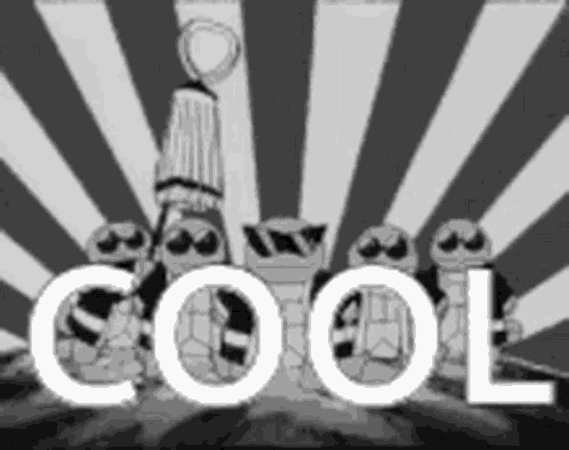 a group of cartoon characters are standing in front of a striped background with the words cool written in white letters .