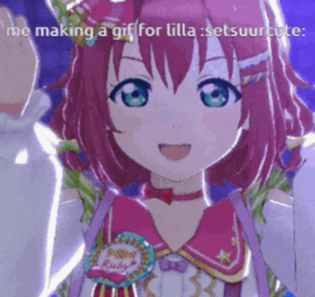 a girl with a badge that says " ruby " on it