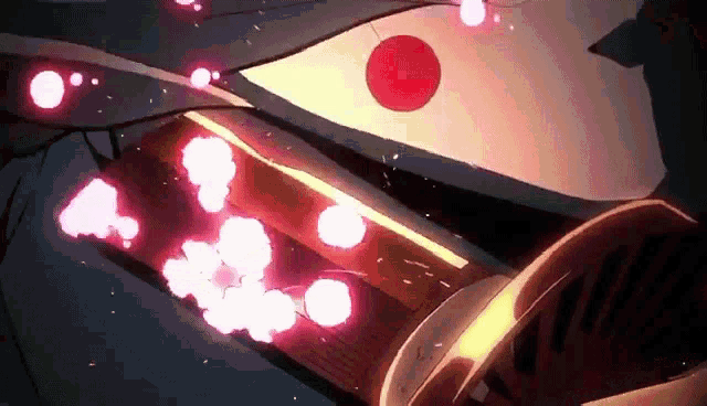 a close up of a person holding a sword with a red circle in the middle of it .