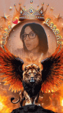a picture of a woman with a crown and a lion with wings surrounded by flames