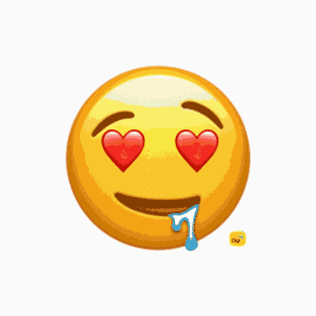 a yellow smiley face with red hearts in its eyes and a drop of saliva coming out of its mouth