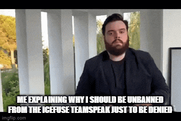 a man with a beard is explaining why he should be unbanned from the icefuse teamspeak