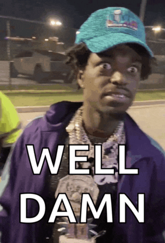 a man wearing a blue hat and a purple jacket says " well damn "