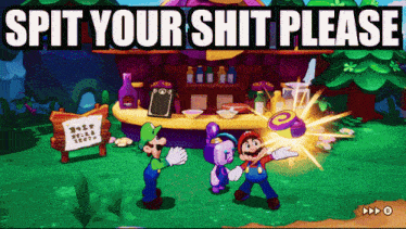 a video game with the words " spit your shit please " on it
