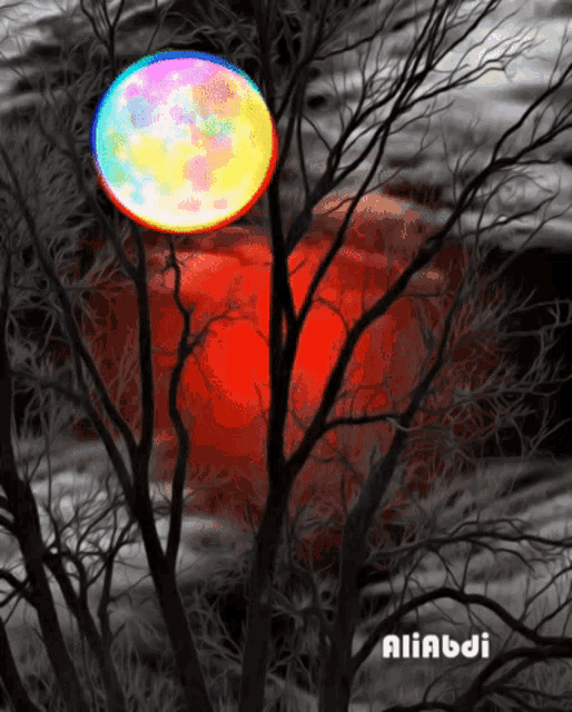 a painting of a full moon behind a tree with the name aliabdi on the bottom