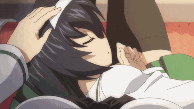 a person is petting a girl 's head with a bandage on her head