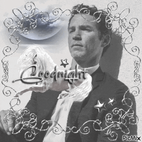 a man in a suit is holding a white horse with the words goodnight written on the bottom