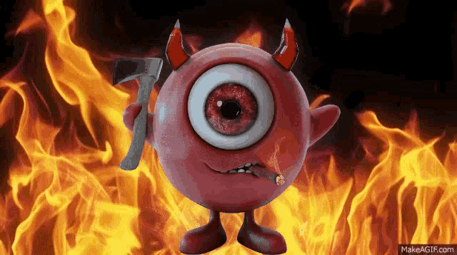 a cartoon character with horns and an axe smoking a cigarette in front of flames