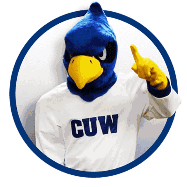 a blue bird mascot wearing a white cuw shirt