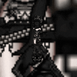 a pixel art of a girl in a black dress holding a gun .