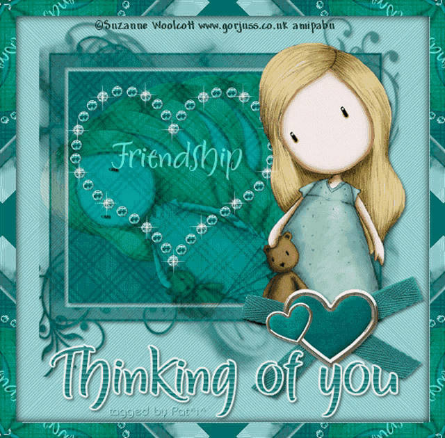 a card that says thinking of you with a doll and a heart