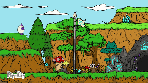 a cartoon drawing of a landscape with the word flipaclip on the bottom