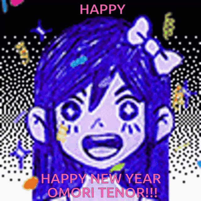 a pixel art of a girl with blue hair and a bow in her hair .