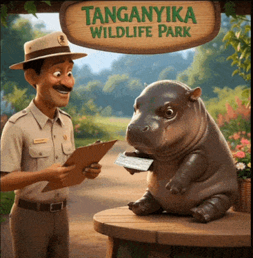a cartoon of a man and a hippo in a wildlife park
