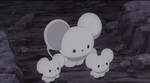 a cartoon mouse with its mouth open is holding two smaller ones