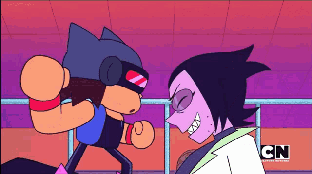 two cartoon characters are standing next to each other with cn on the bottom