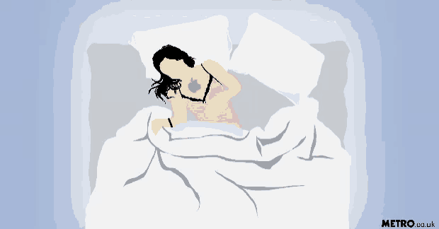 a cartoon drawing of a woman sleeping with a heart on her chest