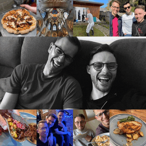 a collage of photos shows a pizza a church and a man with glasses