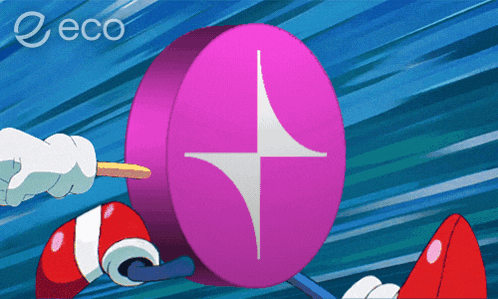 a pink circle with a white star on it and the word eco on the bottom right