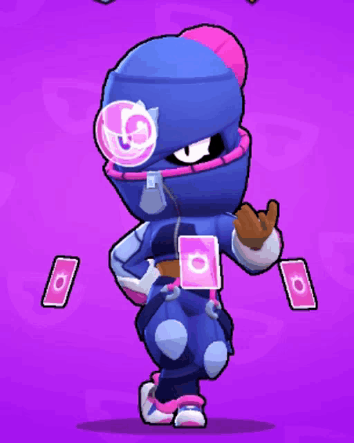 a cartoon character with a purple background is holding a card that says o