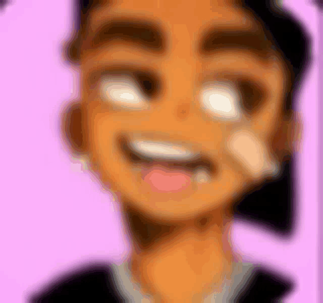 a blurry picture of a cartoon character smiling with his tongue out .