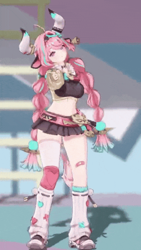 a girl with pink hair and horns is wearing a skirt and boots