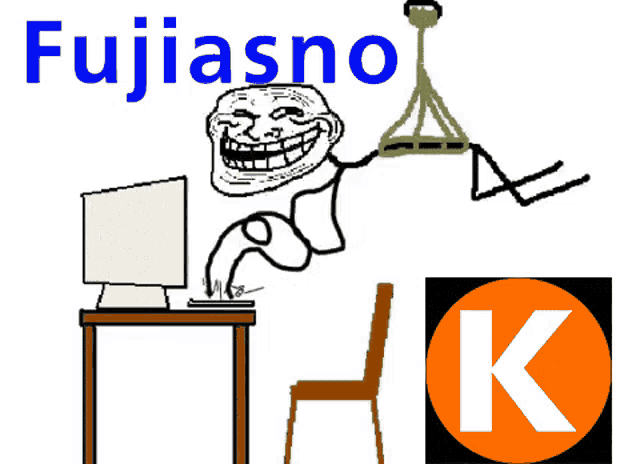 a troll is sitting at a desk with a computer and the word trabajando behind him