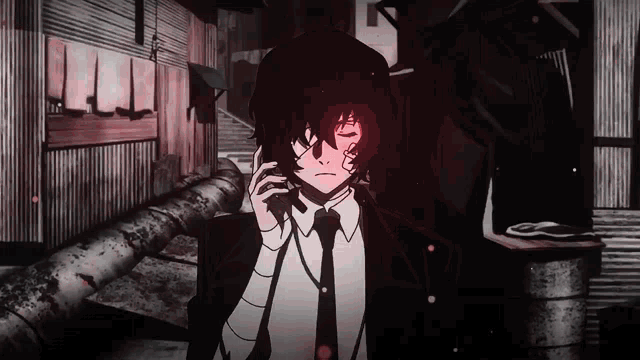 a black and white anime character talking on a cell phone
