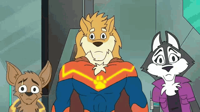 three furry cartoon characters are standing next to each other in a room .