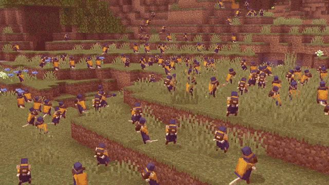 a large group of people are running in a field in a minecraft game